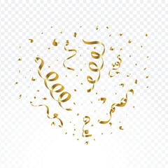 Luxury shiny gold confetti explosion from the bottom on a white background. Confetti and ribbons for festive, anniversary, birthday, and holiday party celebration. Realistic confetti and tinsel vector