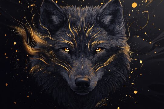 Majestic black wolf with golden stripes emanating power and mystery