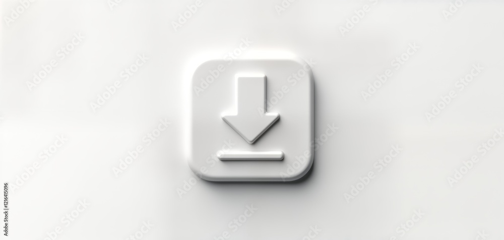 Poster Close-up view of modern download button. White square button shows downward-pointing arrow. Simple icon represents digital file transfer. Users utilize for software file downloads from internet. Key