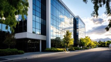 Obraz premium Modern office building, sunny day, landscaped grounds, corporate setting, ideal for real estate