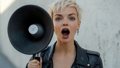 Woman with Short Hair Makes Announcement Using Megaphone, Loudly and Outdoors