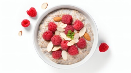 Healthy breakfast bowl with oatmeal, raspberries, almonds, and mint leaves served in a white bowl