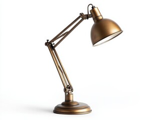 Antique brass desk lamp, adjustable arm, white background.
