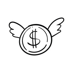 Flying coin with wings, rapid financial growth and success