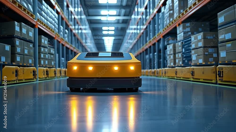 Poster automated transport robot navigating through a modern warehouse during daylight hours