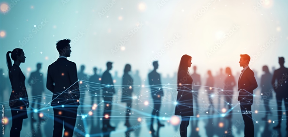 Poster group of people in business suits stand in futuristic city. abstract digital network connections lin