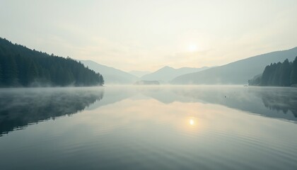 Fototapeta premium Serene Lakeside Scene at Dawn: Golden Sunlight Over Tranquil Water and Majestic Mountains