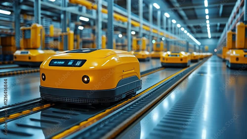 Poster automated transport robots navigating a modern warehouse for efficient goods handling