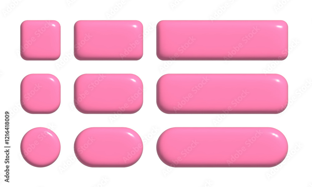 Poster 3d buttons collection for ui and ux design template. realistic pink glossy squared and rounded badge