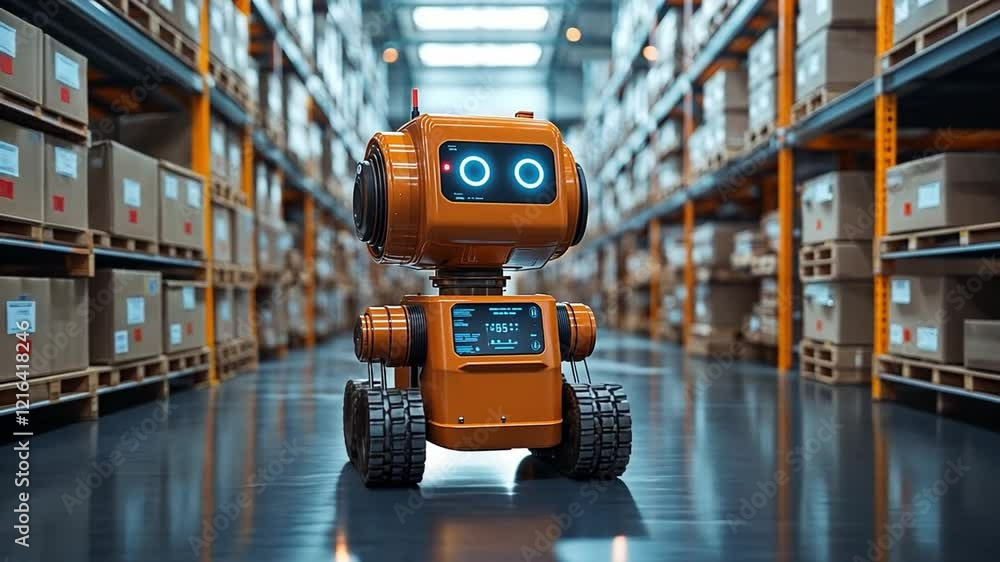 Poster autonomous delivery robot navigating through a warehouse filled with stacked boxes and pallets