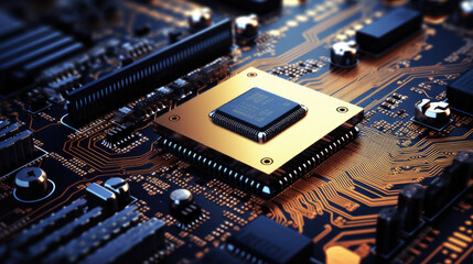 Close-up of a microchip placed on a modern circuit board with intricate orange traces. Tech companies or hardware manufacturers.