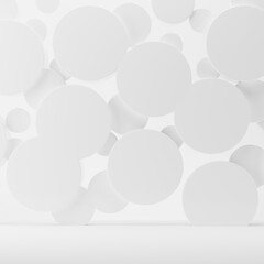 White abstract stage mockup - flying plastic circles as decor, copy space. Template 3D illustration scene in modern airy geometric style for presentation cosmetic products, goods, advertising, sale.
