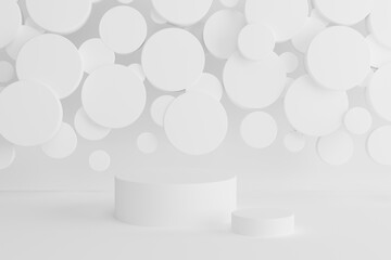 White abstract stage - set of two round podiums, mockup, flying circles decor. Template 3D illustration gentle geometric scene for presentation cosmetic products, branding, goods, advertising, sale.