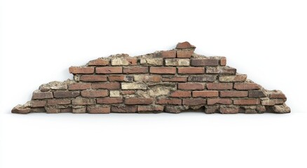 Ruined brick wall fragment isolated on white.