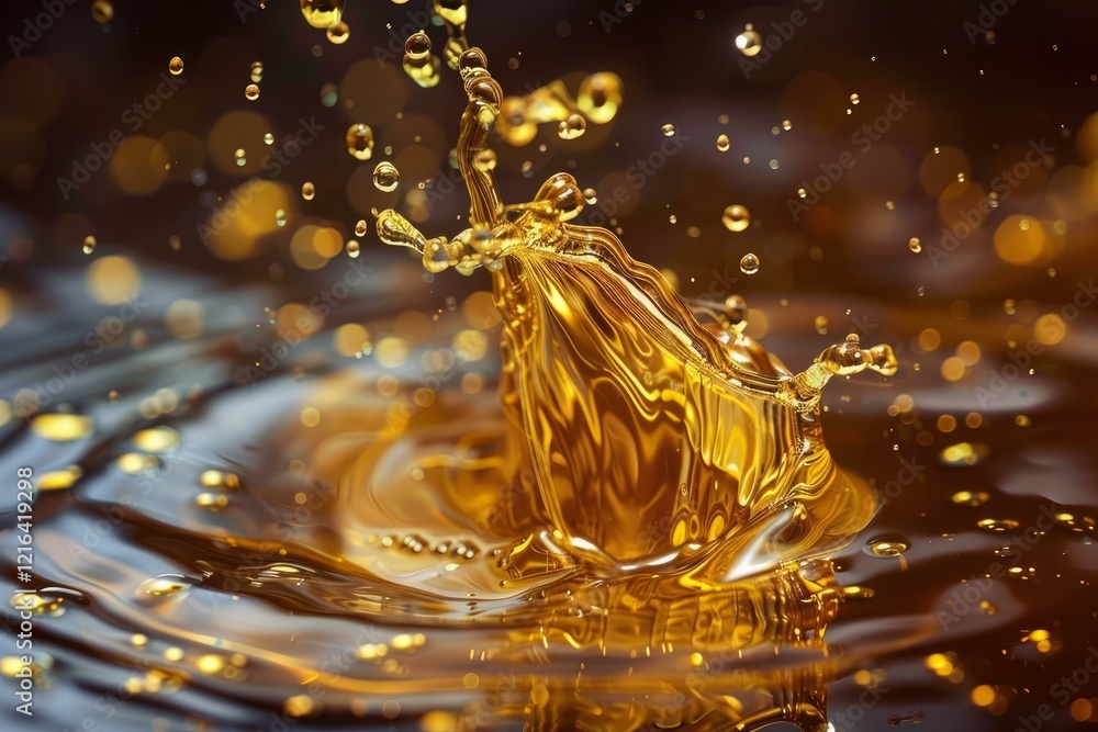 Poster golden liquid splashing and making crown shaped waves with bokeh effect