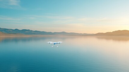 Obraz premium Drone Flying Over Calm Lake at Sunset