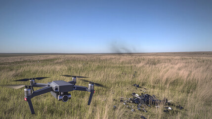 Aerial view of a crashed drone in a grassy field with scattered debris and faint smoke trail, showcasing technology failure and accident scene. Drone crash concept for technology risk and safety theme