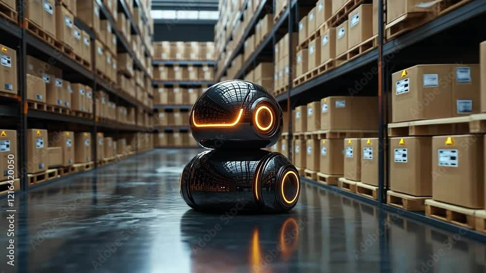 Aufkleber robots navigating through a modern warehouse filled with stacked cardboard boxes in the evening