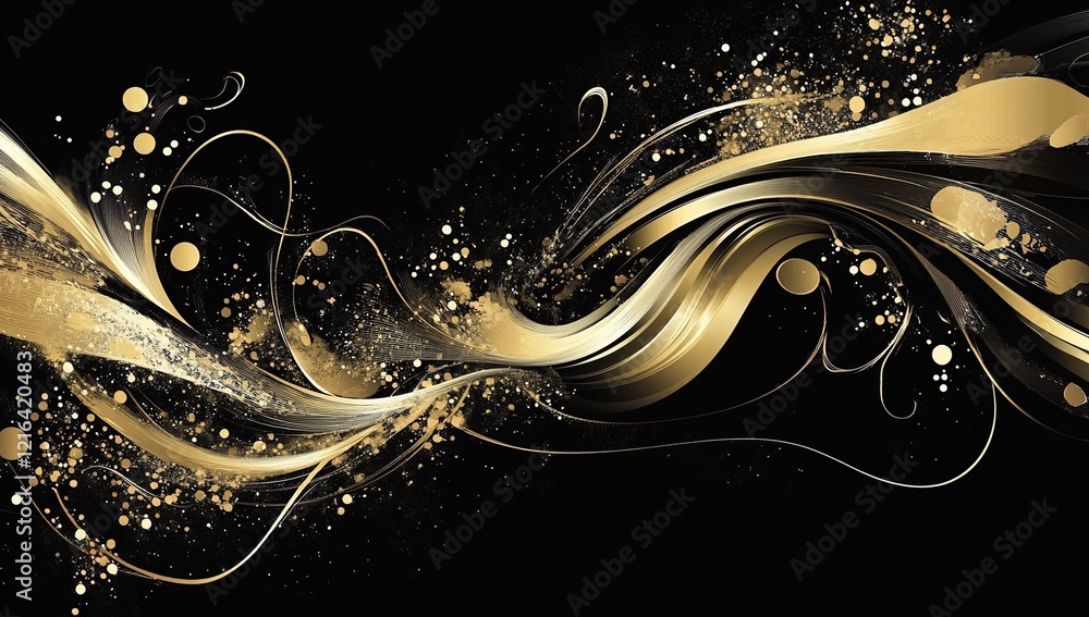 Poster golden abstract waves flow dynamically across black background with elegant swirls and sparkles: a v