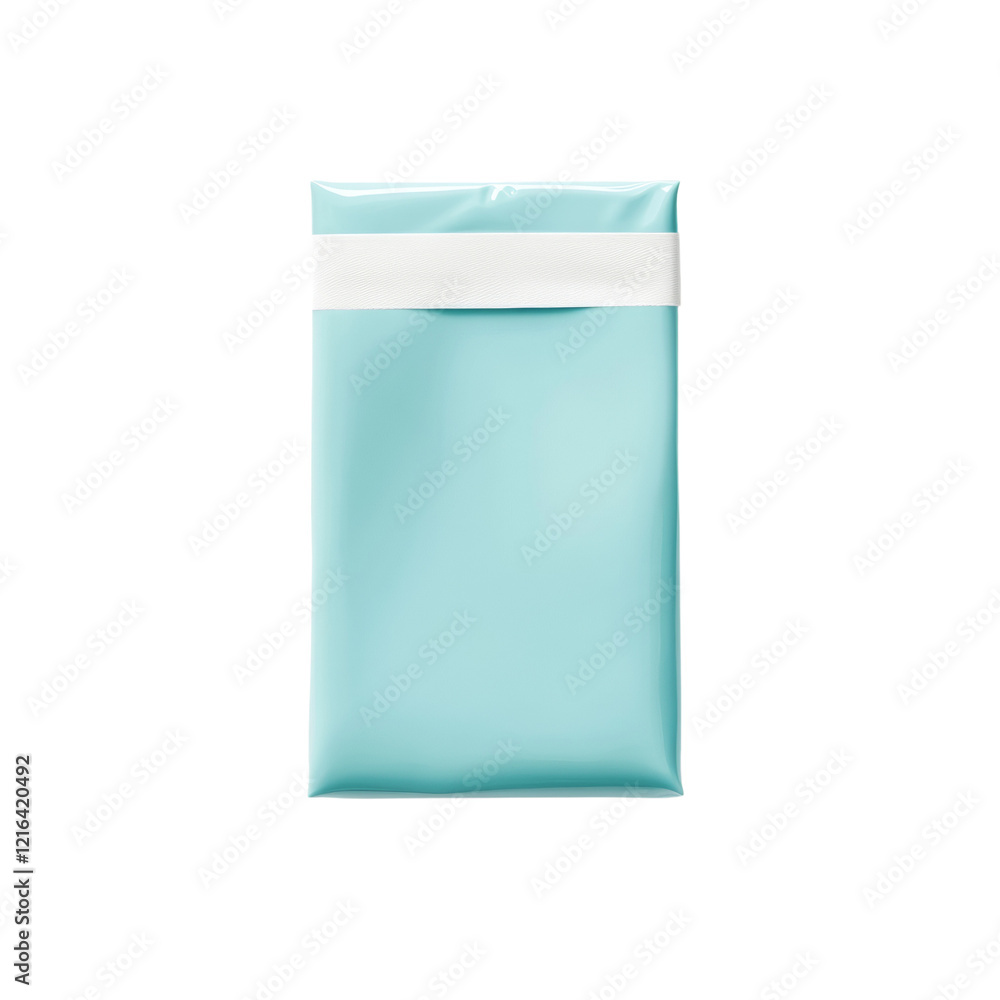 Poster a light blue rectangular package with a white band across the top, suitable for product display or b