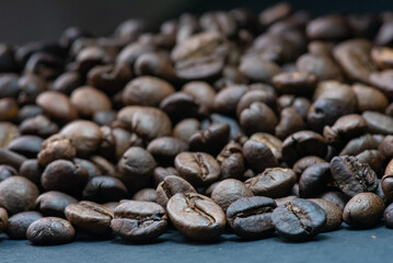 coffee in white cup and coffee beans are the background.