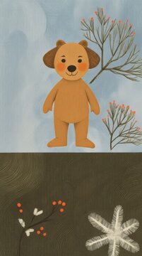 Adorable plush bear standing amidst stylized winter branches and a snowflake. A charming