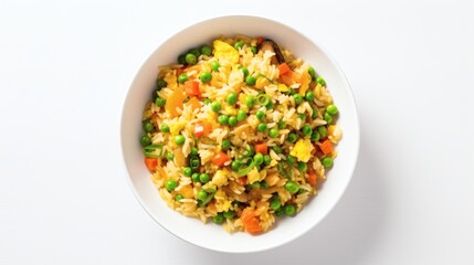 Colorful vegetable fried rice prepared in a bowl with fresh ingredients and vibrant colors ready to serve at a casual dining setting