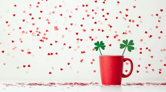 Saint Patrick's Day party decoration with red theme including mug paper clover leaf and confetti on a white background