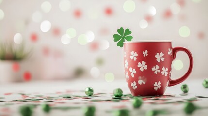 Saint Patrick's Day party decoration with red theme including mug paper clover leaf and confetti on a white background