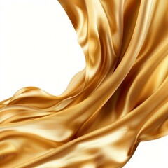 Fototapeta premium Luxurious golden silk fabric flowing on white background, creating elegant and smooth folds