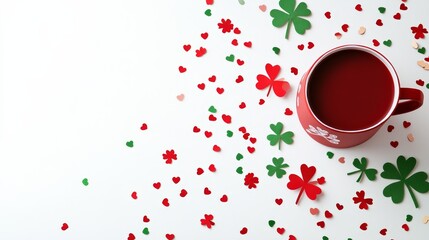 Saint Patrick's Day party decoration with red theme including mug paper clover leaf and confetti on a white background