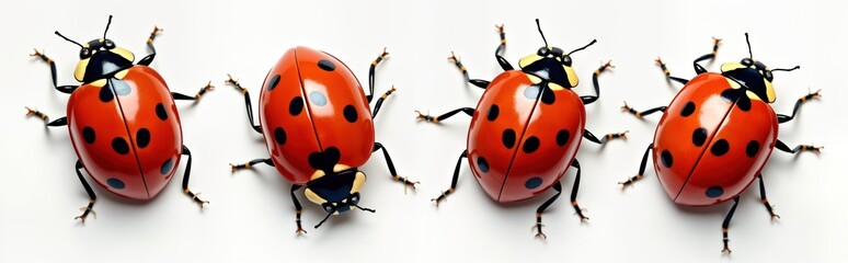 Obraz premium Four vibrant red ladybugs with black spots displayed against crisp white background. Close-up view highlights detailed insect features like legs, antennae. Image likely intended for educational