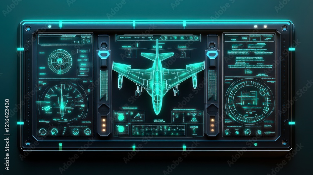 Poster futuristic aircraft cockpit display: a digital dashboard showing a wireframe jet and advanced flight