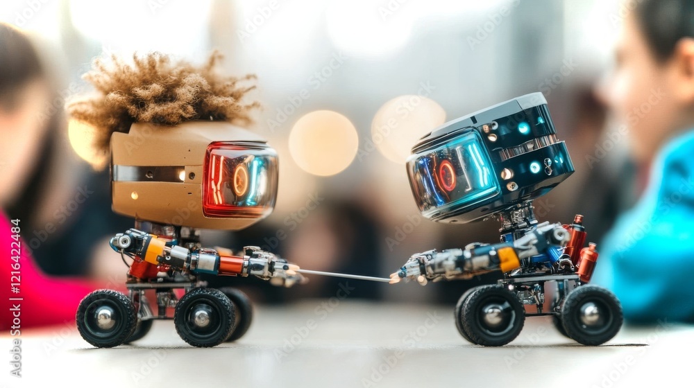Poster knights of the robotics club showcase ai-powered interactive robots in a vibrant setting