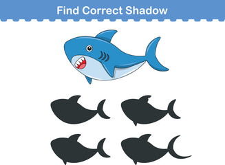 Funny cartoon shark. find the correct shadow. Kids Education games. Cartoon vector illustration