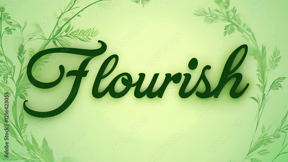Poster static video of flourish word, ambient light, elegant script in green on a soft green background wit