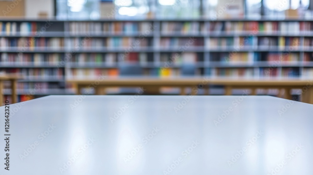 Aufkleber a table in a library with bookshelves in the background