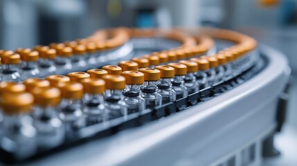 Obraz premium Vaccine production line with glass vials on conveyor in pharmaceutical factory