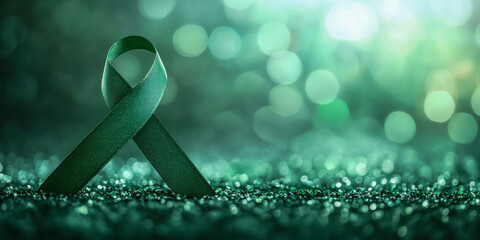 Green awareness ribbon on a sparkling surface with a glowing background