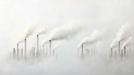 Industrial smokestacks emitting smoke in a foggy skyline depicting air pollution concerns