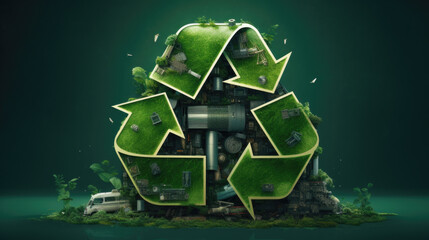 Green Recycling Symbol with Industrial and Natural Elements, symbolizing the balance between technology and nature. Global Recycling Day. World Environment Day. Earth Day. 