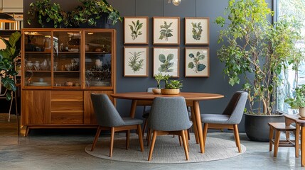 Modern Dining Room with Greenery and Artwork