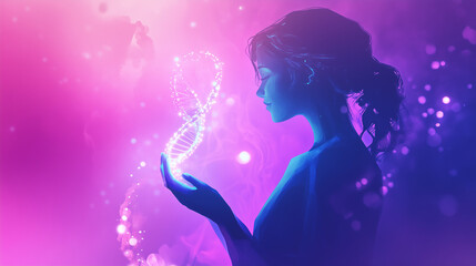 Fototapeta premium Enchanting woman holding a glowing DNA strand in a dreamy purple and pink background, symbolizing scientific wonder, creativity, and the mysteries of the human genome.