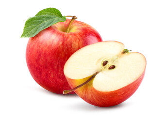 Red apple with cut in half isolated on white background. Clipping path.