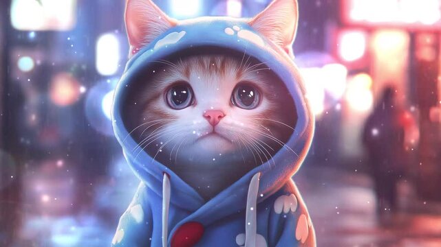 adorable kitten in blue hoodie in a snowy urban setting seamless looping overlay 4k virtual video animation background