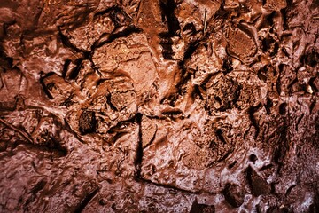 A close up of a muddy surface with a brownish color. The mud is thick and has a rough texture