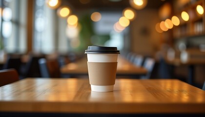 Paper coffee cup on wooden table in cafe. Cozy cafe interior. Ready to drink hot beverage. Relaxing atmosphere. Perfect for coffee break. Morning or afternoon coffee time. Enjoy a warm drink.