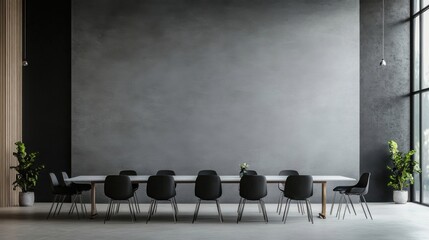 a room with a table and chairs and a plant