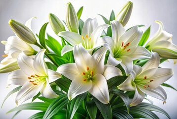 Fototapeta premium Large bouquet of white lilies with green stems