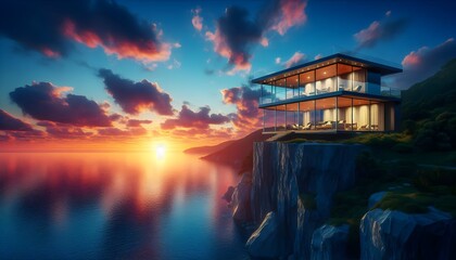 A modern glass house perched on a cliff, overlooking a vast ocean under a vibrant sunset, symbolizing a luxurious and breathtaking abode